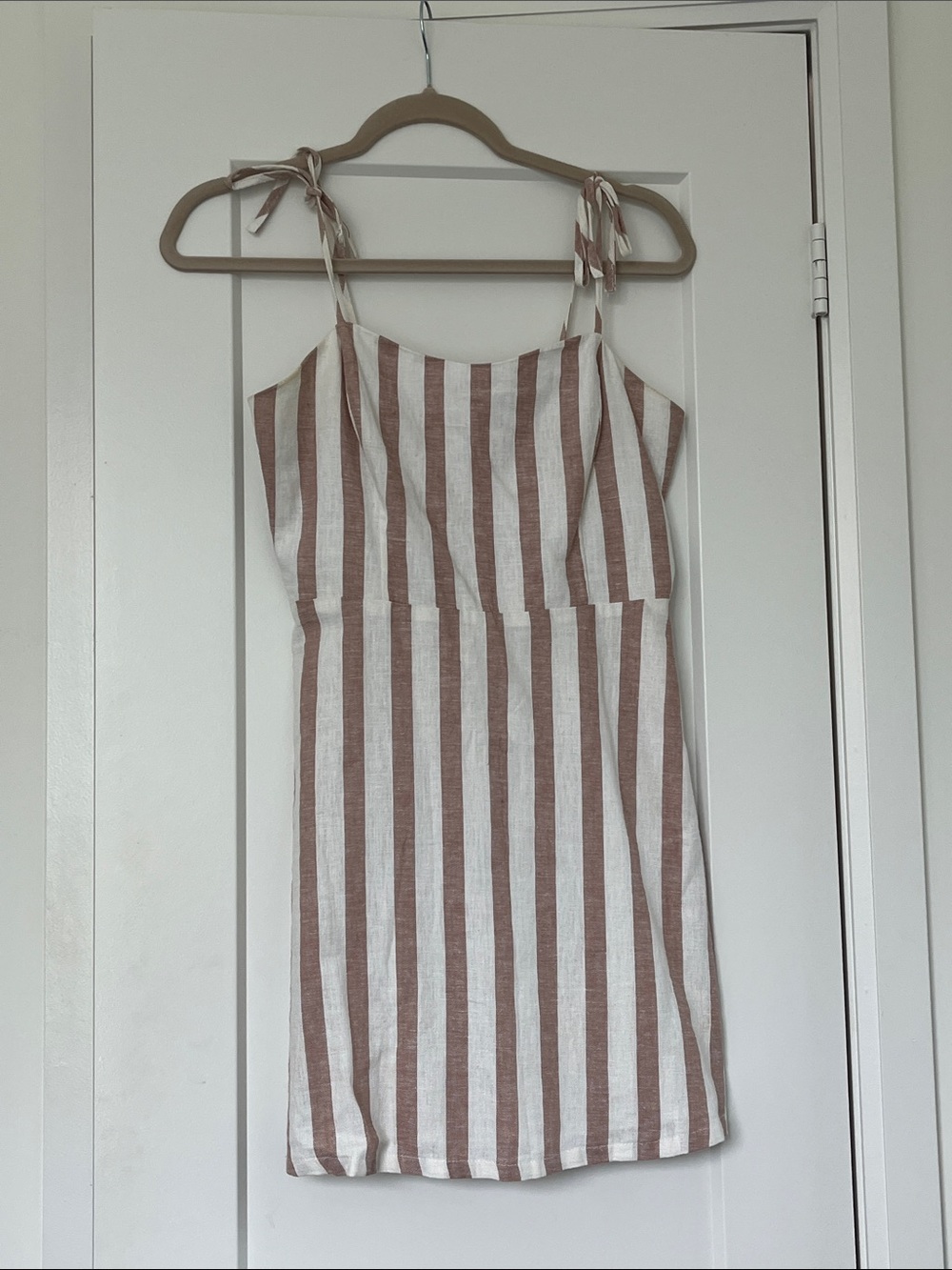 Dynamite White and Beige Striped Tie-Shoulder Mini Dress